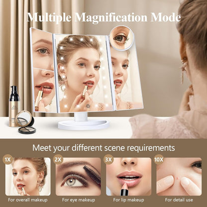 LED Tri-Fold Makeup Mirror with Touch Screen – 1X/2X/3X/10X Magnifying Vanity Mirror, Flexible Adjustable Base, Lighted Travel Mirror for Makeup Desk, Bedroom & Bathroom | Gift for Women