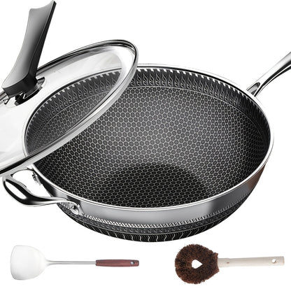 Stainless Steel Wok Set 13.3 Inch Non-stick Honeycomb Design with Lid & 2 Cookware Accessories – Induction Compatible Cooking Pan for Electric Ceramic Gas Stove, Dishwasher Safe