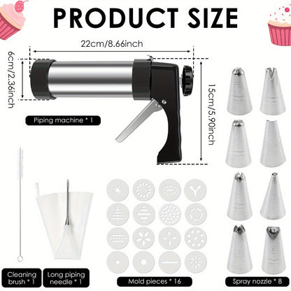 Cookie Press Kit Stainless Steel - 16 Cookie Discs & 8 Icing Tips, Biscuit Press Maker for Christmas Holiday Baking, Cake Dessert Decorating Tool Set with Cleaning Brush