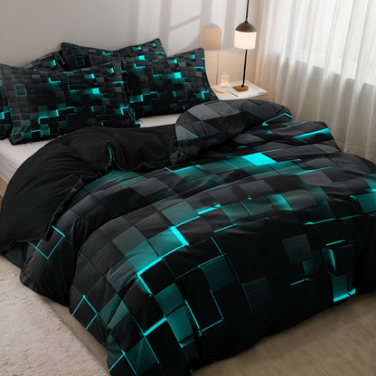 Duvet Cover Set Queen King Twin Full 3D Geometric Cube Print | 3-Piece Polyester Bedding Set | Black Blue Grid Pattern | All-Season Soft Quilt Cover + 2 Pillowcases | Machine Washable