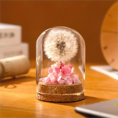 Glass Dome Preserved Dandelion Flower Arrangement - Eternal Floral Keepsake Display Case for Home Office Desk Decor, No Electricity Needed