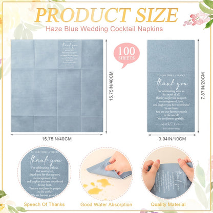 Wedding Cocktail Napkins 100pcs Thank You Napkins with Utensil Pocket Haze Blue Tissue Napkins for Bridal Shower Rehearsal Dinner Reception Party Supplies Newlyweds Guests