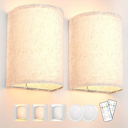 Rechargeable Wall Sconce Set of 2 – Wireless Fabric Shade Wall Light with Remote Control, Magnetic Puck Light, Dimmable CCT or RGB Color, No Wiring for Bedroom Living Room Hallway Decor