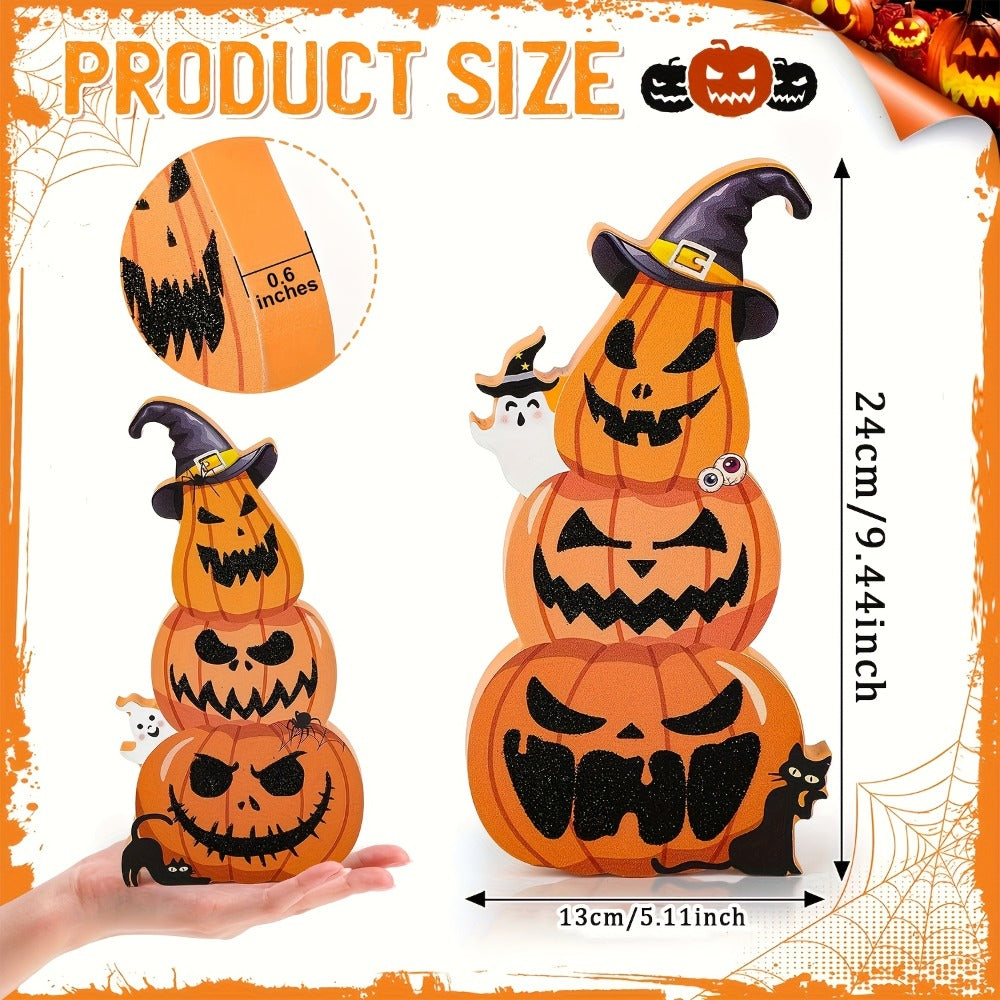 Halloween Tiered Tray Decor Set of 2 – Glittery Wooden Pumpkin Stack with Witch Hat, Spooky Centerpiece for Autumn & Fall Home Decoration, Halloween Tabletop Ornament & Seasonal Tiered Tray Accessory