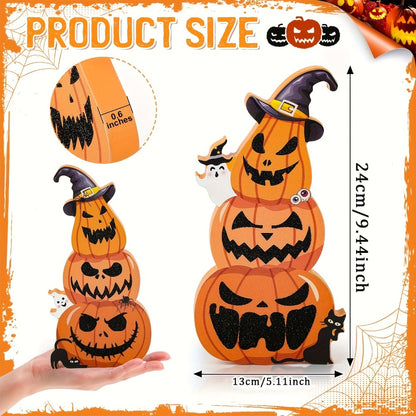 Halloween Tiered Tray Decor Set of 2 – Glittery Wooden Pumpkin Stack with Witch Hat, Spooky Centerpiece for Autumn & Fall Home Decoration, Halloween Tabletop Ornament & Seasonal Tiered Tray Accessory