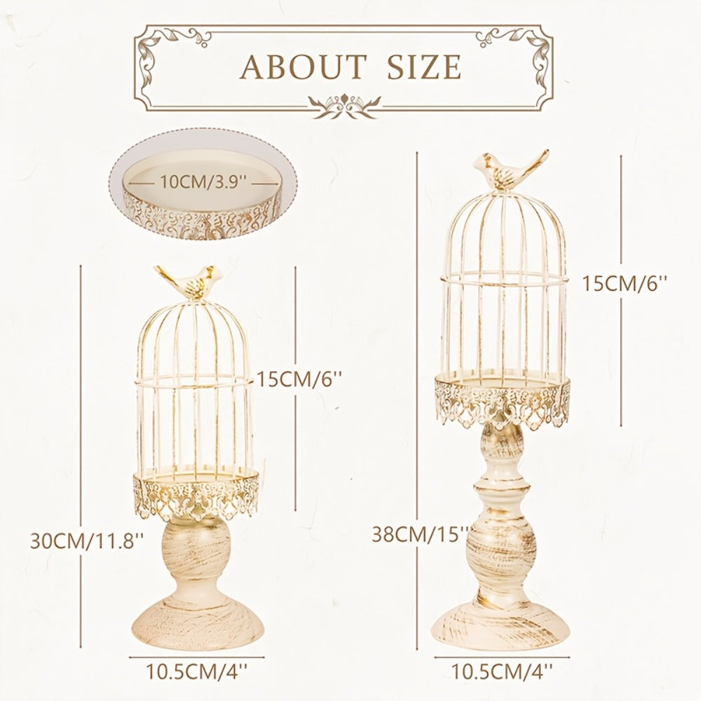 Birdcage Candle Holders Set of 2, Vintage Metal Candlestick Holders with Polished Finish — Wedding Table Centerpieces, Home Decor & Christmas Decoration | Black & White
