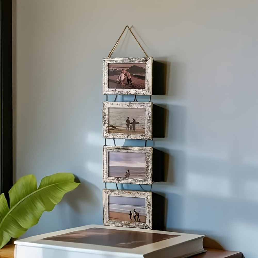 Picture Frame Set 4pcs Wooden Glass 4x6 with Flip-Top Display – Collage Photo Frames for Wall & Desktop, Interchangeable Mat, Home Decor Room Aesthetic – Wedding, Housewarming & Holiday Gift (White/Brown)