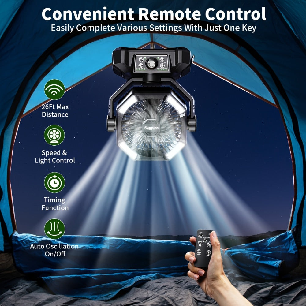 Camping Fan 20000mAh Dual Motor High-Velocity, 8-Speed Remote Control with 4 LED Lanterns and Tent Hook, Portable Outdoor Fan for Camping, Power Outages, Construction Sites and Emergency Use