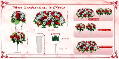Artificial Cemetery Flowers for Grave with Saddle, Silk Rose Bouquet Headstone Decoration, Memorial Day Grave Flowers, Outdoor Grave Marker Floral Arrangement, 1/2/3 PCS