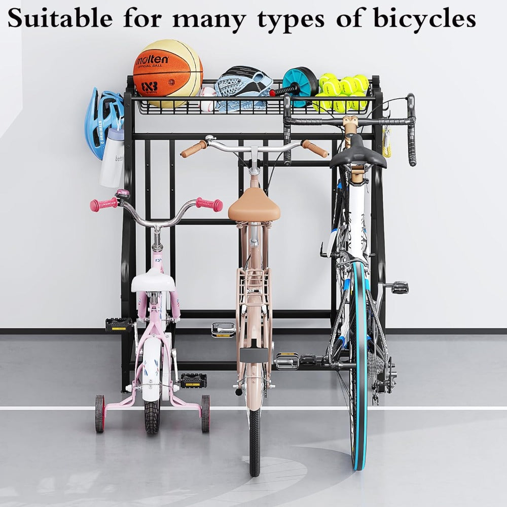 Freestanding Bike Storage Stand with Basket & Hooks – Adjustable Floor Rack for 3-4 Bikes, Indoor Outdoor Garage Organizer
