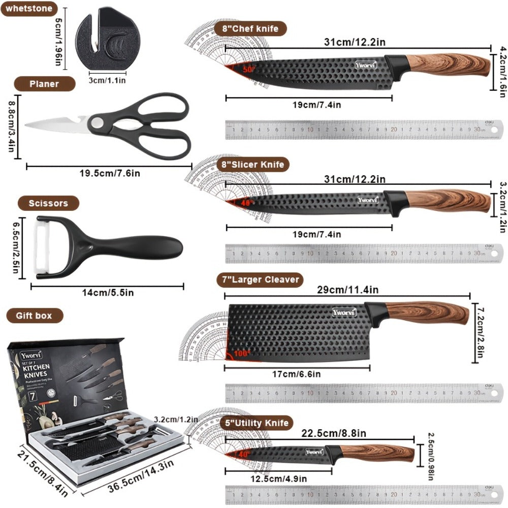 Chef Knife Set 7 Piece High Carbon Stainless Steel Ultra Sharp – Anti-Stick Ergonomic PP Handle, Includes Slicing Knife, Scraper, Scissors & Whetstone, Gift Box for Home, Family & Travel