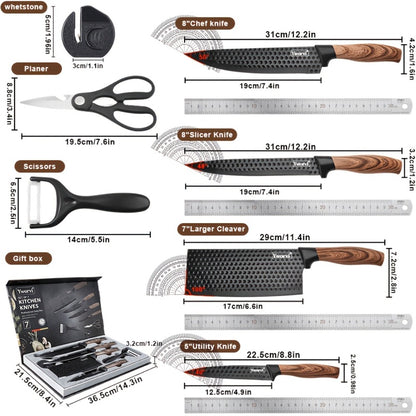 Chef Knife Set 7 Piece High Carbon Stainless Steel Ultra Sharp – Anti-Stick Ergonomic PP Handle, Includes Slicing Knife, Scraper, Scissors & Whetstone, Gift Box for Home, Family & Travel