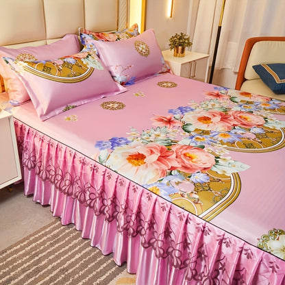 Floral Ruffle Bed Skirt Cool Mat 3 Piece Set with Pillowcase, Double Layer 360° Full Wrap Washable Cooling Mattress Cover, Breathable Summer Bedding Set for Twin Full Queen King, Parisian Romantic Floral