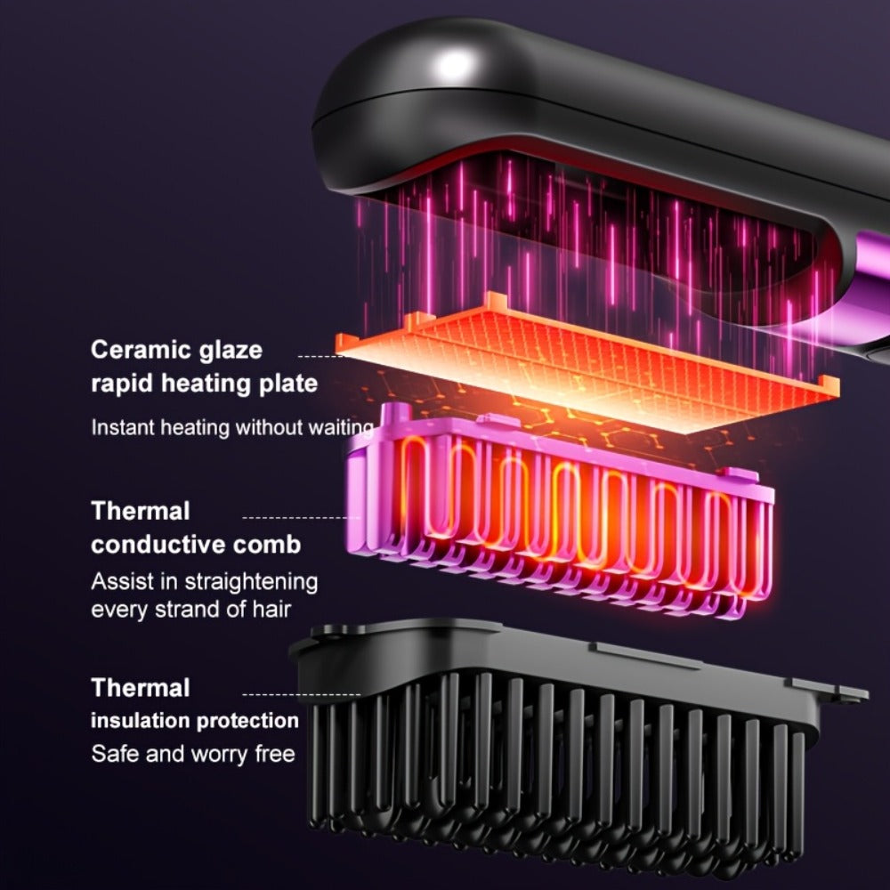 Wireless Hair Straightener Comb USB Rechargeable | Cordless Straightening Brush with Negative Ion, 3-Speed Temp Control, LED Display – Travel Hair Styler