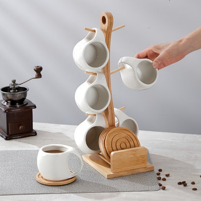 Ceramic Coffee Cup Set of 6 with Wooden Coasters & Cup Holder | 200ml Latte Cappuccino Espresso Tea Mugs | Home Office Café Gift Set