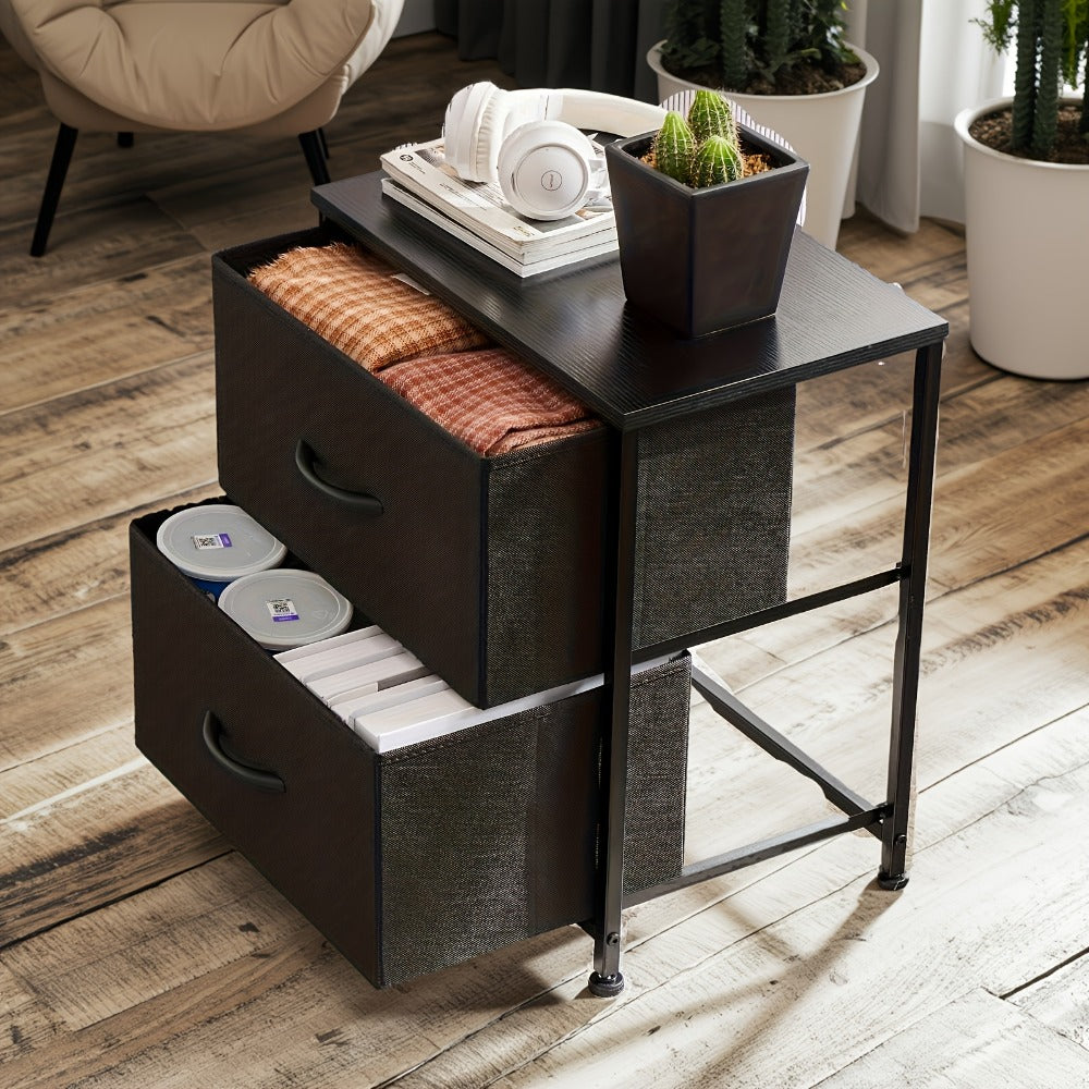 Nightstand with 2 Storage Drawers, 20" Bedside Table with Wooden Top & Fabric Cabinet, Steel Frame Mini Dresser for Bedroom, Dorm, Living Room – 1pc or Set of 2pcs, Black White Grey Rustic Brown