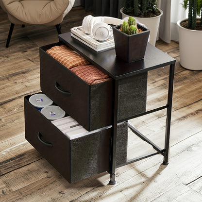 Nightstand with 2 Storage Drawers, 20" Bedside Table with Wooden Top & Fabric Cabinet, Steel Frame Mini Dresser for Bedroom, Dorm, Living Room – 1pc or Set of 2pcs, Black White Grey Rustic Brown