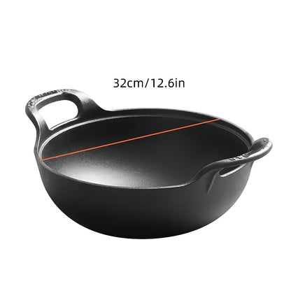 Cast Iron Wok Skillet Non-Stick Deep Stir Fry Pan with Dual Handles - Heavy Duty Uncoated Traditional Cooking Pot Multi-Size 9.84 10.62 11.81 12.59 Inch for Home Outdoor Grilling Baking
