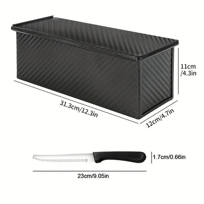 Pullman Loaf Pan with Lid, Extra Large 12.3x4.7x4.3 Inch Sandwich Bread Pan with Vent Holes, Nonstick Carbon Steel Toast Pan with Bread Knife, Square Loaf Pan for Sandwich Bread, Black or Gold