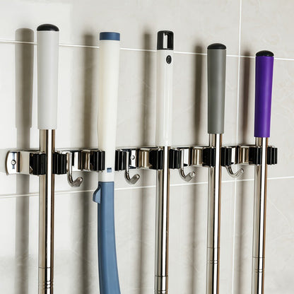 Mop and Broom Holder Wall Mount – Stainless Steel Heavy Duty Self Adhesive Rack with 5 Slots & 4 Hooks, No-Drill Storage Organizer for Kitchen Garage Laundry Garden Home