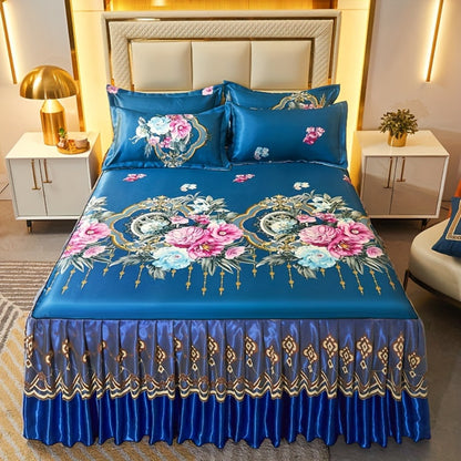 Floral Ruffle Bed Skirt Cool Mat 3 Piece Set with Pillowcase, Double Layer 360° Full Wrap Washable Cooling Mattress Cover, Breathable Summer Bedding Set for Twin Full Queen King, Parisian Romantic Floral