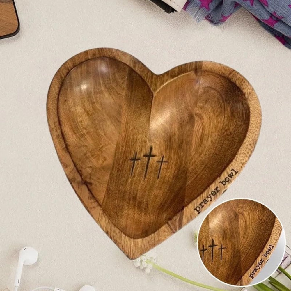 Wooden Prayer Bowl with 24 Prayer Cards – Hand-Carved Heart Shaped Cross Engraved Vintage Religious Gift Set for Easter, Christmas, Thanksgiving, Home Altar & Prayer Room Tabletop Decor