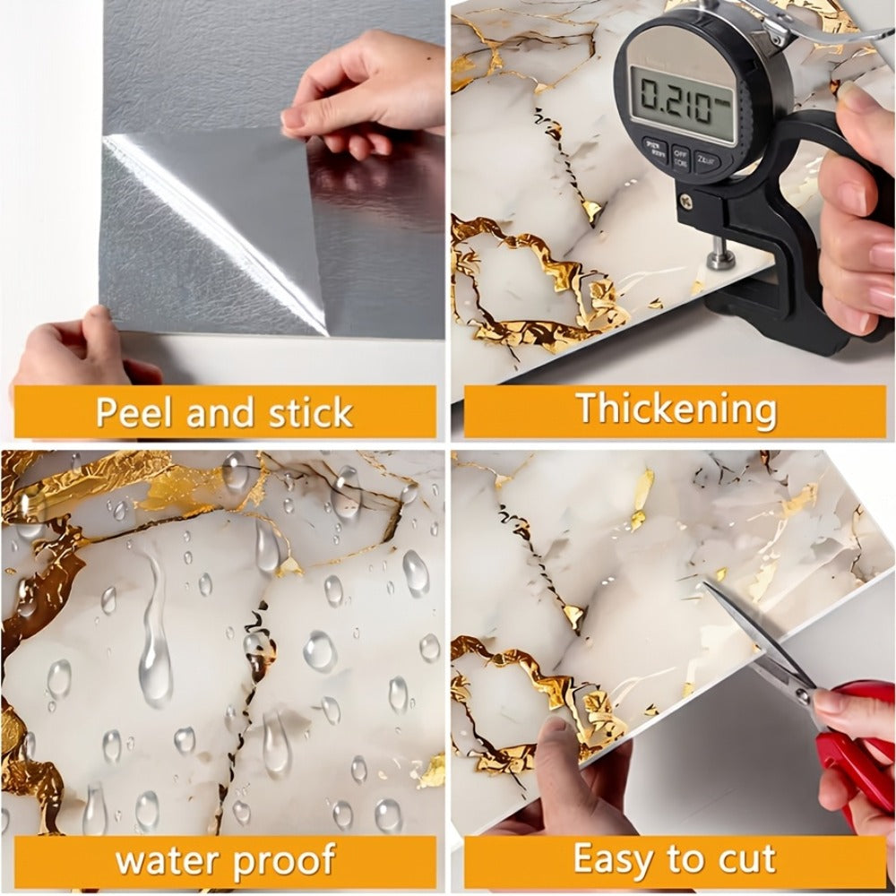 Self-Adhesive Marble Tile Stickers 11.8x11.8in Peel and Stick Wall Tiles for Bathroom Kitchen Backsplash – Waterproof 3D Glossy Imitation Marble Wall Panel, Easy to Install, 50 or 100 Pack
