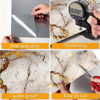Self-Adhesive Marble Tile Stickers 11.8x11.8in Peel and Stick Wall Tiles for Bathroom Kitchen Backsplash – Waterproof 3D Glossy Imitation Marble Wall Panel, Easy to Install, 50 or 100 Pack