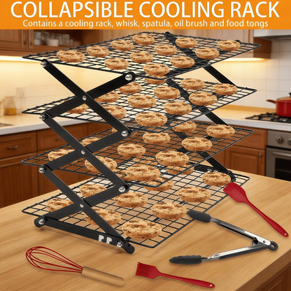Foldable Cooling Rack Set – Stackable Oven Cookie Cake Drying Rack with Free Baking Tools (Silicone Spatula, Egg Beater, Tongs, Brush) | 3/4/5 Tier Options for Kitchen, Camping & Holiday Baking