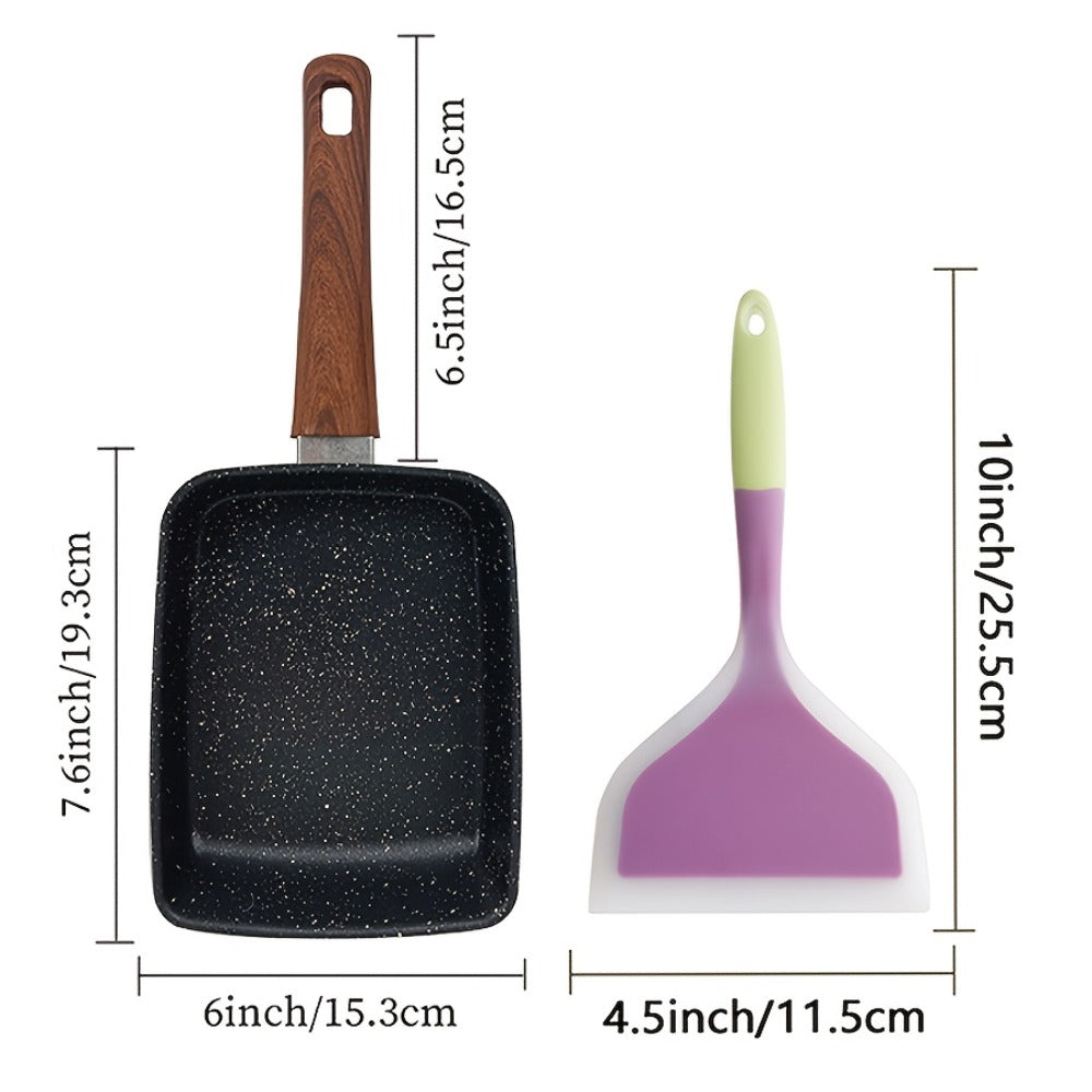 Tamagoyaki Pan Japanese Nonstick Rectangular Egg Pan for Omelettes & Rolls – Induction Halogen Compatible Dishwasher Safe Wooden or Plastic Handle with Optional Silicone Spatula