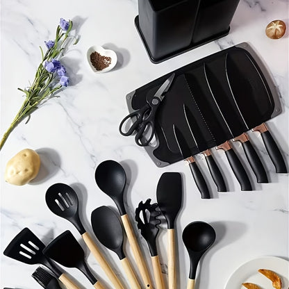 19-Piece Non-Stick Silicone Cookware Set with Bamboo Storage, Knives & Wooden Handle – Pots, Pans & Utensils for Induction & Oven