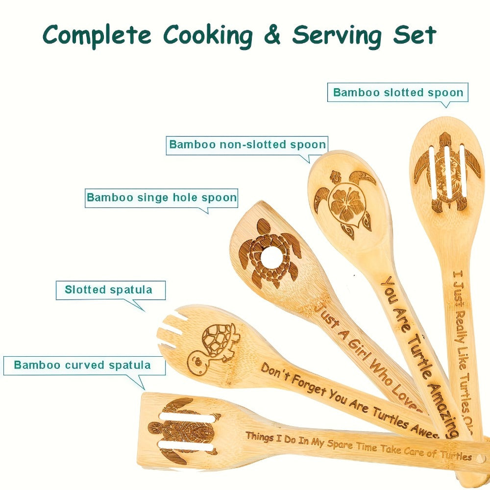 Wooden Cooking Spoons Utensils Set 5 Pcs – Carved Animal Bamboo Kitchen Gadgets Non-Stick Spatula Kit, Turtle Design Farmhouse Decor, Housewarming Christmas Gift for Cooking Enthusiasts