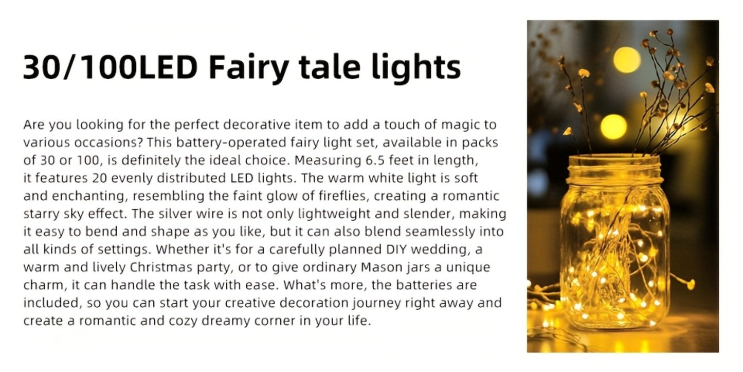 Fairy Lights Battery Operated with Batteries Included – 6.5ft 20 LED Silver Wire Mini String Lights, Firefly Starry Lights for Wedding, Christmas, Party, Mason Jars & DIY Decor – 30 or 100 Pack