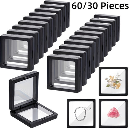 3D Floating Jewelry Display Box Bulk Set | Black Plastic Frame Clear Acrylic Panel Fabric-Lined Organizer for Jewelry Coins Collectibles – Secure Clasp Closure – 30 or 60 Pieces