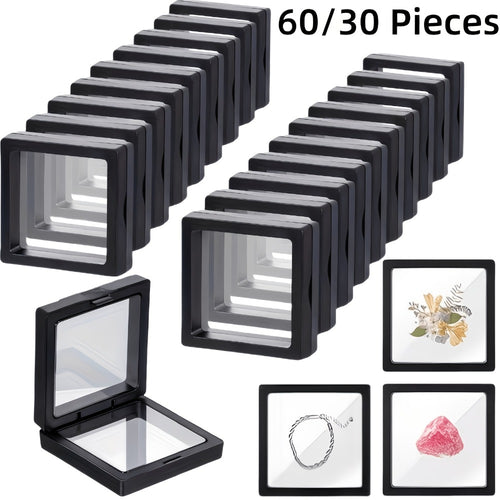 3D Floating Jewelry Display Box Bulk Set | Black Plastic Frame Clear Acrylic Panel Fabric-Lined Organizer for Jewelry Coins Collectibles – Secure Clasp Closure – 30 or 60 Pieces