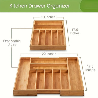 Bamboo Drawer Organizer Expandable Utensil Tray | Adjustable Silverware Organizer for Kitchen Drawers | 5 or 9 Compartments Cutlery Divider for Fork Spoon Knife Kitchen Tools