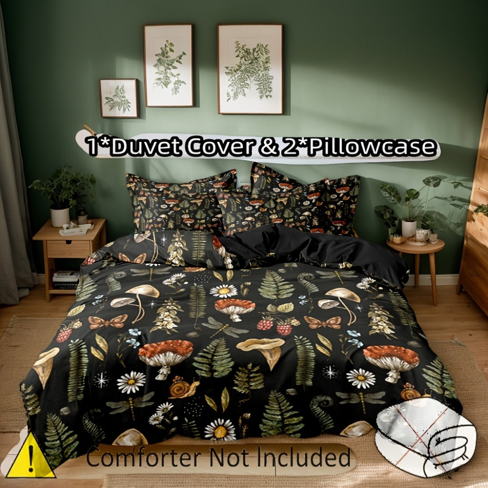 Duvet Cover Set 3-Piece Forest Mushroom Pattern – Soft Polyester Bedding with Zipper Closure, Twin Full Queen King – Bedroom & Guest Room