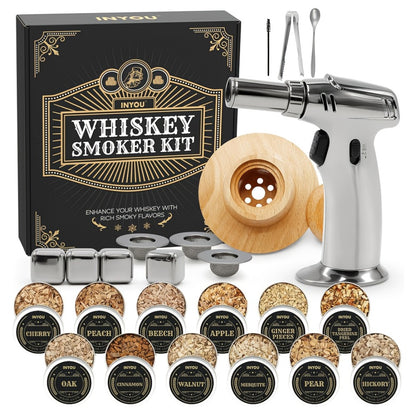Whiskey Smoker Kit with Torch 26pcs - 12 Wood Chip Flavors, 3 Filters, Cocktail & Old Fashioned Smoker Kit - Bourbon Whiskey Gifts for Men, Dad, Husband, Birthday Gift Set (No Butane)