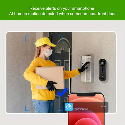 Wireless Video Doorbell Camera 1080P HD Night Vision Motion Detection Two-Way Audio Battery Powered Indoor Chime Cloud Storage Smart Home Security 2.4GHz WiFi Black