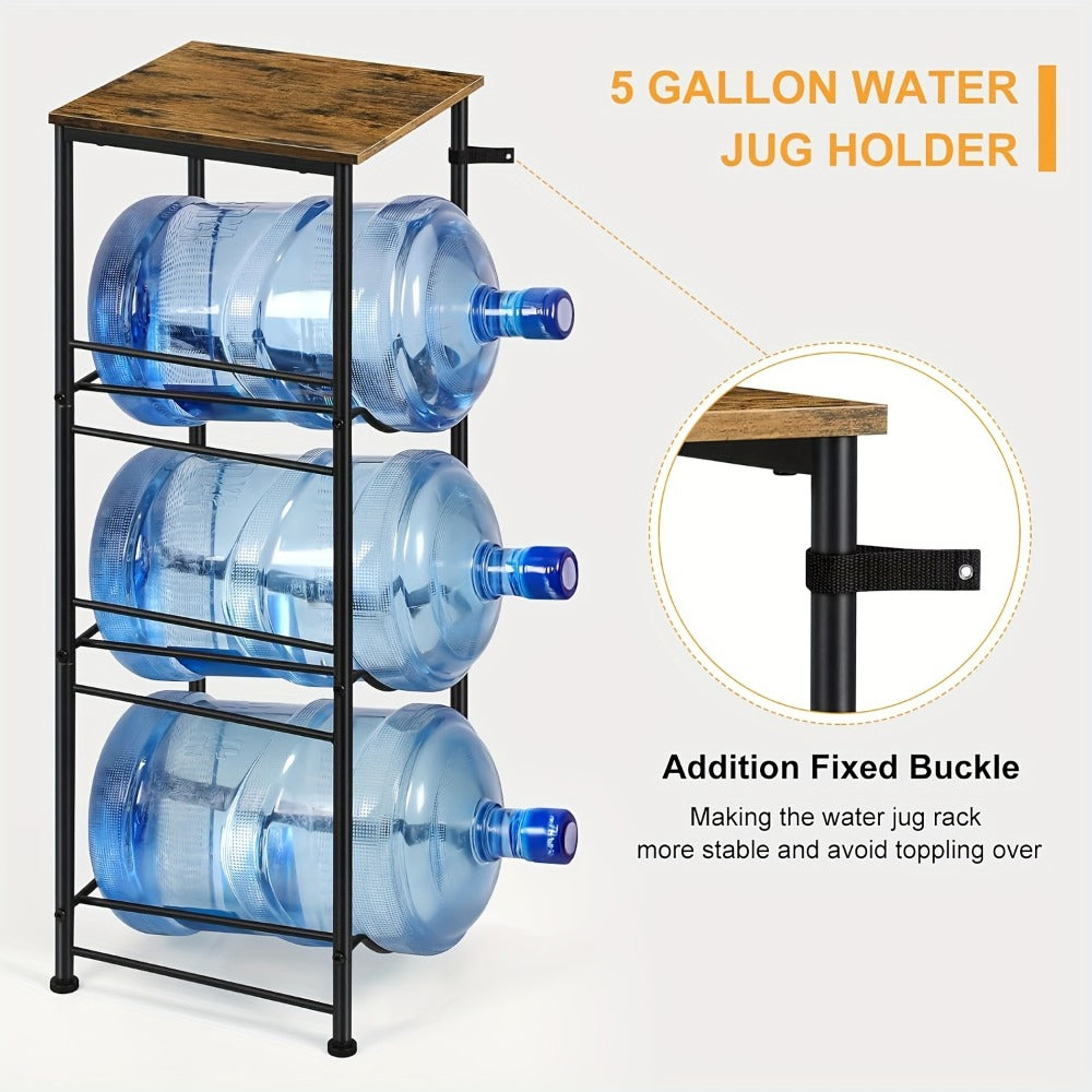5-Gallon Water Jug Holder 3-Tier – Heavy Duty Water Bottle Rack Organizer with Top Shelf & Adjustable Legs for Kitchen, Living Room & Office – Particleboard & Steel Frame, White, Brown & Black