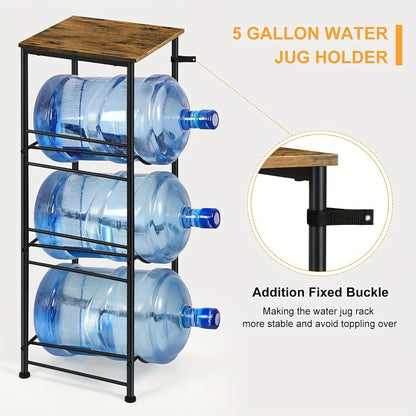 5-Gallon Water Jug Holder 3-Tier – Heavy Duty Water Bottle Rack Organizer with Top Shelf & Adjustable Legs for Kitchen, Living Room & Office – Particleboard & Steel Frame, White, Brown & Black
