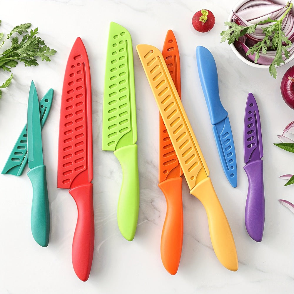 Rainbow Kitchen Knife Set 14pcs – 7 Sharp Stainless Steel Knives with 7 Blade Guards, Dishwasher Safe, Non-Stick Professional Chef Knife Set with Sheaths