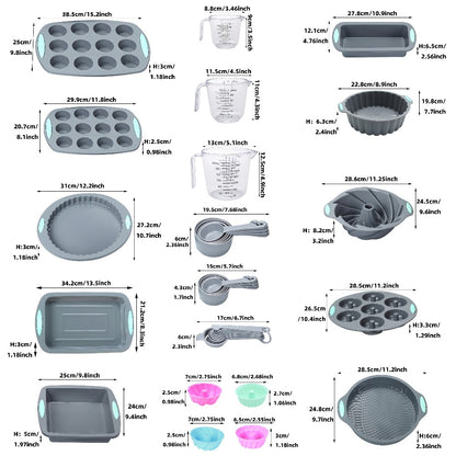 Silicone Bakeware Set with Cake Molds, Muffin Pan, Donut Pan, Baking Sheet, Baking Cups & Measuring Cups Spoons, Complete Nonstick Silicone Baking Set for Oven, 45-Piece 53-Piece or 83-Piece Options