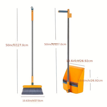 3-in-1 Magnetic Broom Dustpan and Garbage Bag Set Rotatable Foldable Soft Bristle Non-Stick Pet Hair Broom for Hard Floors Space Saving Living Room Bedroom Bathroom Outdoor White Orange