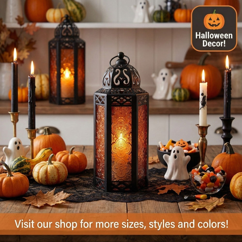 Moroccan Candle Lantern Holder - Decorative Metal & Glass Lantern with Embossed Floral Design for Indoor Home Decor, Garden, Patio, Weddings, Ramadan, Halloween & Holiday Celebrations - 10.5" Tall Medium Size