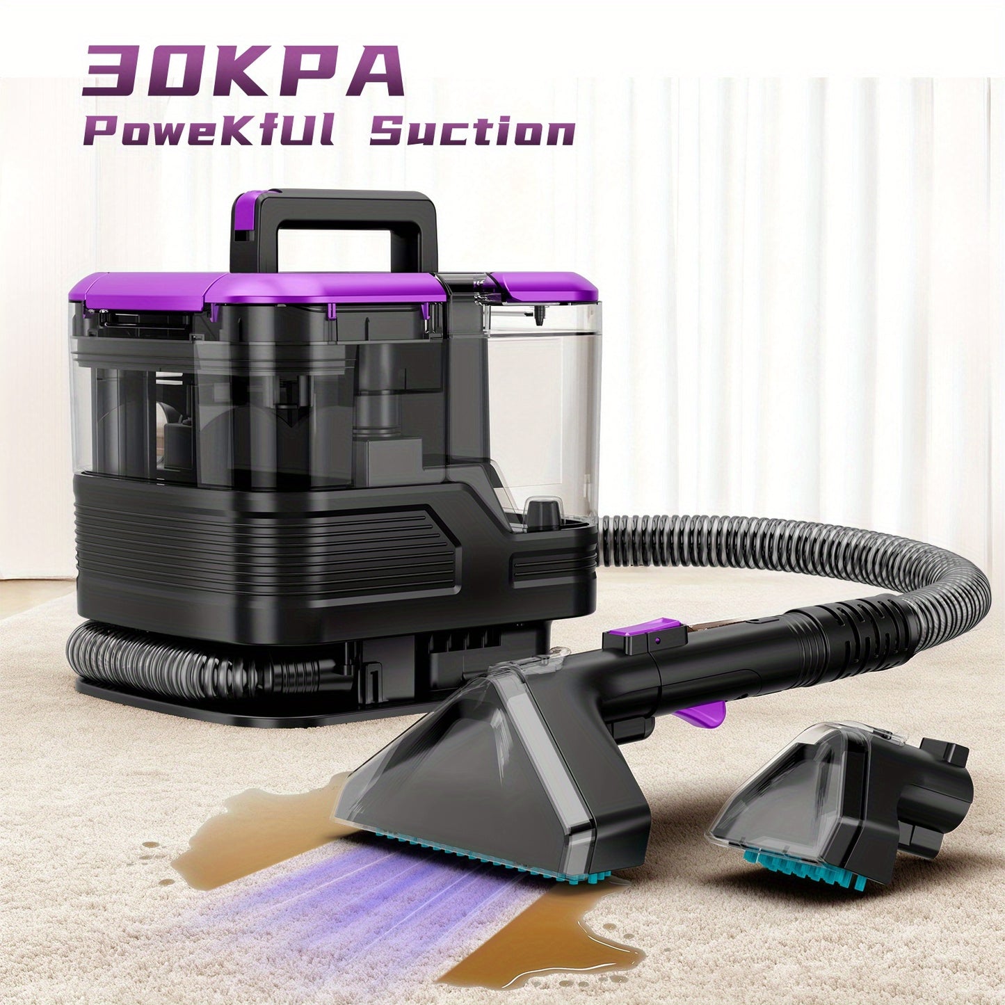 Portable Upholstery Cleaner Machine 30Kpa – Carpet & Spot Cleaner with Dual Brush Head for Deep Stain Removal on Carpet, Couch, Car Seat, Stairs & Pet Messes
