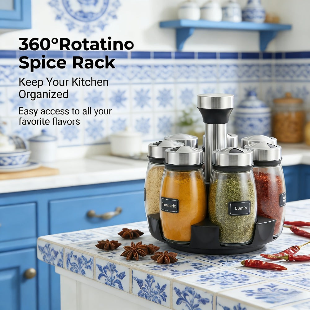 Glass Spice Jar Set with Rotating Rack – Airtight Kitchen Spice Organizer with 360° Stainless Steel Stand – Food Grade Glass Seasoning Bottles for Pantry, Cabinet & Countertop Storage – 6 or 12 Piece