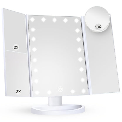 LED Tri-Fold Makeup Mirror with Touch Screen – 1X/2X/3X/10X Magnifying Vanity Mirror, Flexible Adjustable Base, Lighted Travel Mirror for Makeup Desk, Bedroom & Bathroom | Gift for Women