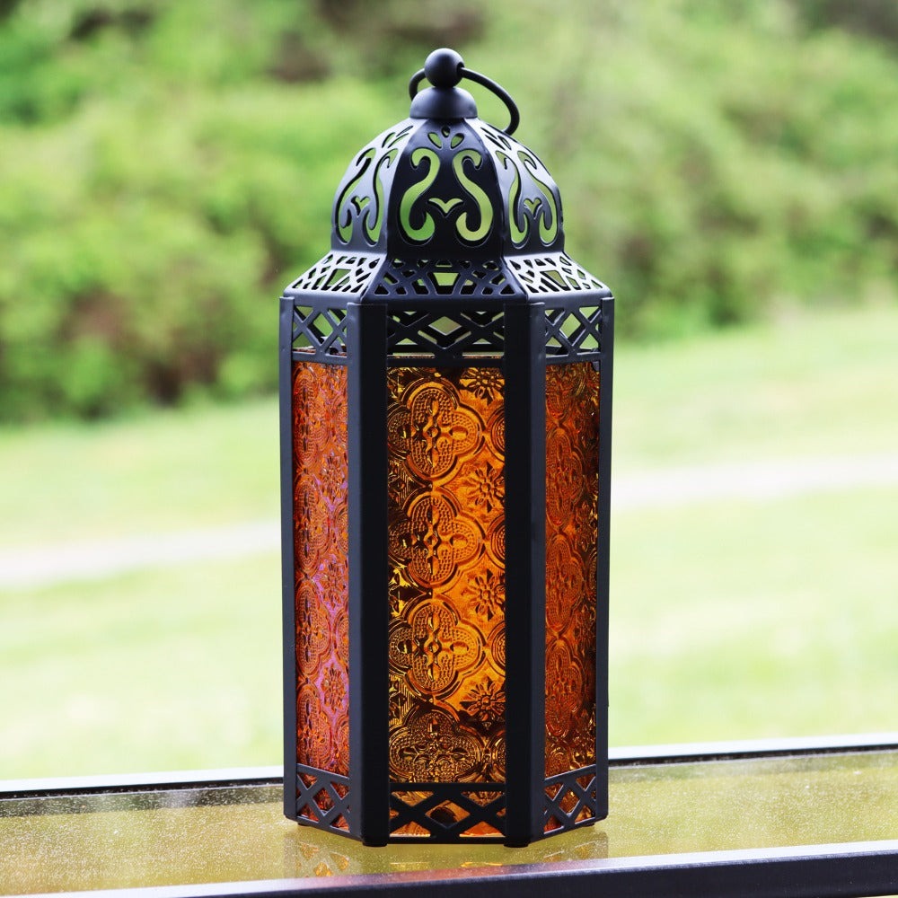 Moroccan Candle Lantern Holder - Decorative Metal & Glass Lantern with Embossed Floral Design for Indoor Home Decor, Garden, Patio, Weddings, Ramadan, Halloween & Holiday Celebrations - 10.5" Tall Medium Size