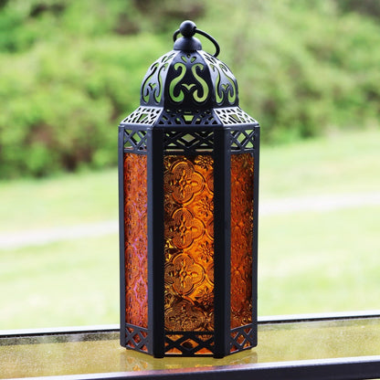 Moroccan Candle Lantern Holder - Decorative Metal & Glass Lantern with Embossed Floral Design for Indoor Home Decor, Garden, Patio, Weddings, Ramadan, Halloween & Holiday Celebrations - 10.5" Tall Medium Size